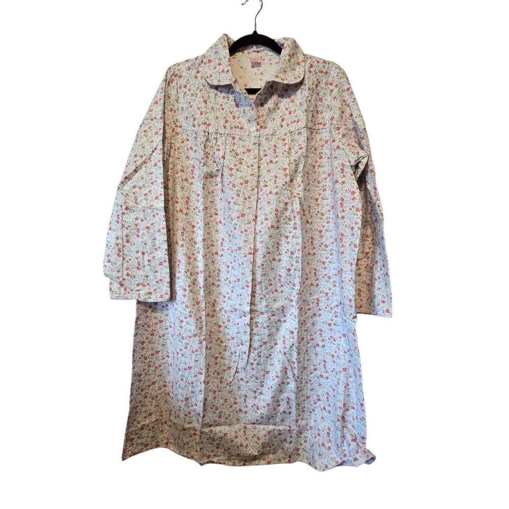 Vintage 70's 80's Sears Flannel Floral Nightgown Womens LG 100% Cotton Hong Kong
